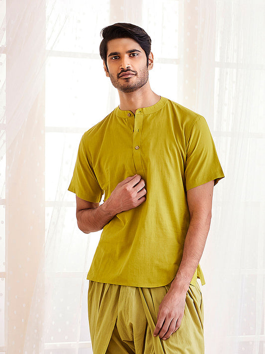 Men's Olive Green Cotton Short Kurta