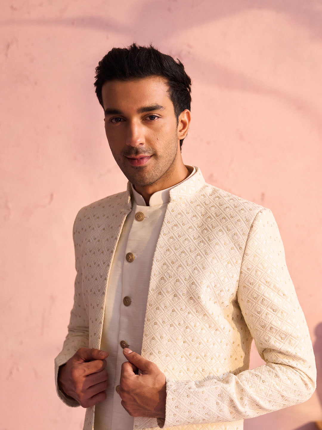 Men's Cream Silk Blend Sherwani Only Top