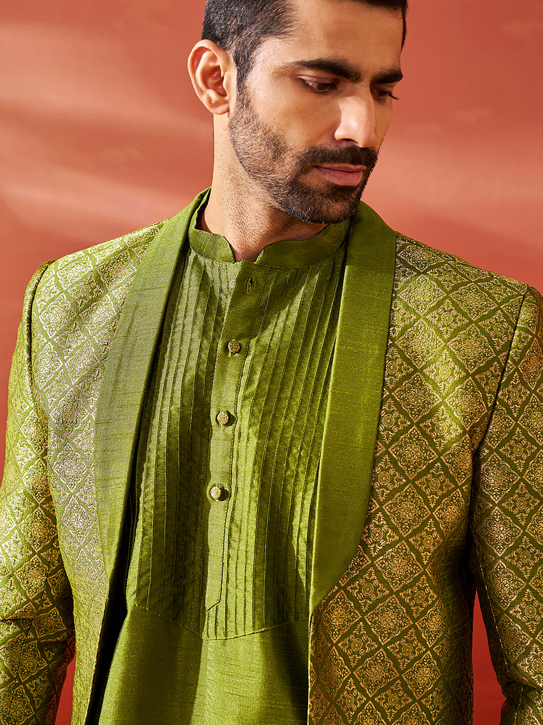 Men's Green Silk Blend Sherwani Set