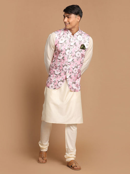 Men's Pink And Cream Viscose Jacket, Kurta and Pyjama Set