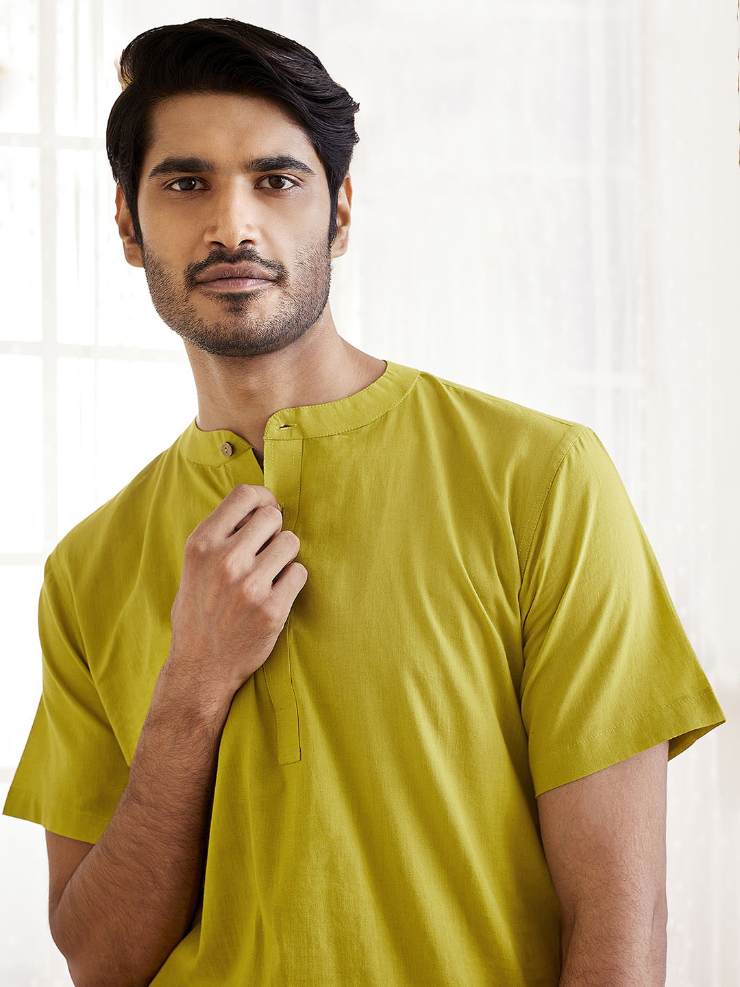 Men's Olive Green Cotton Short Kurta