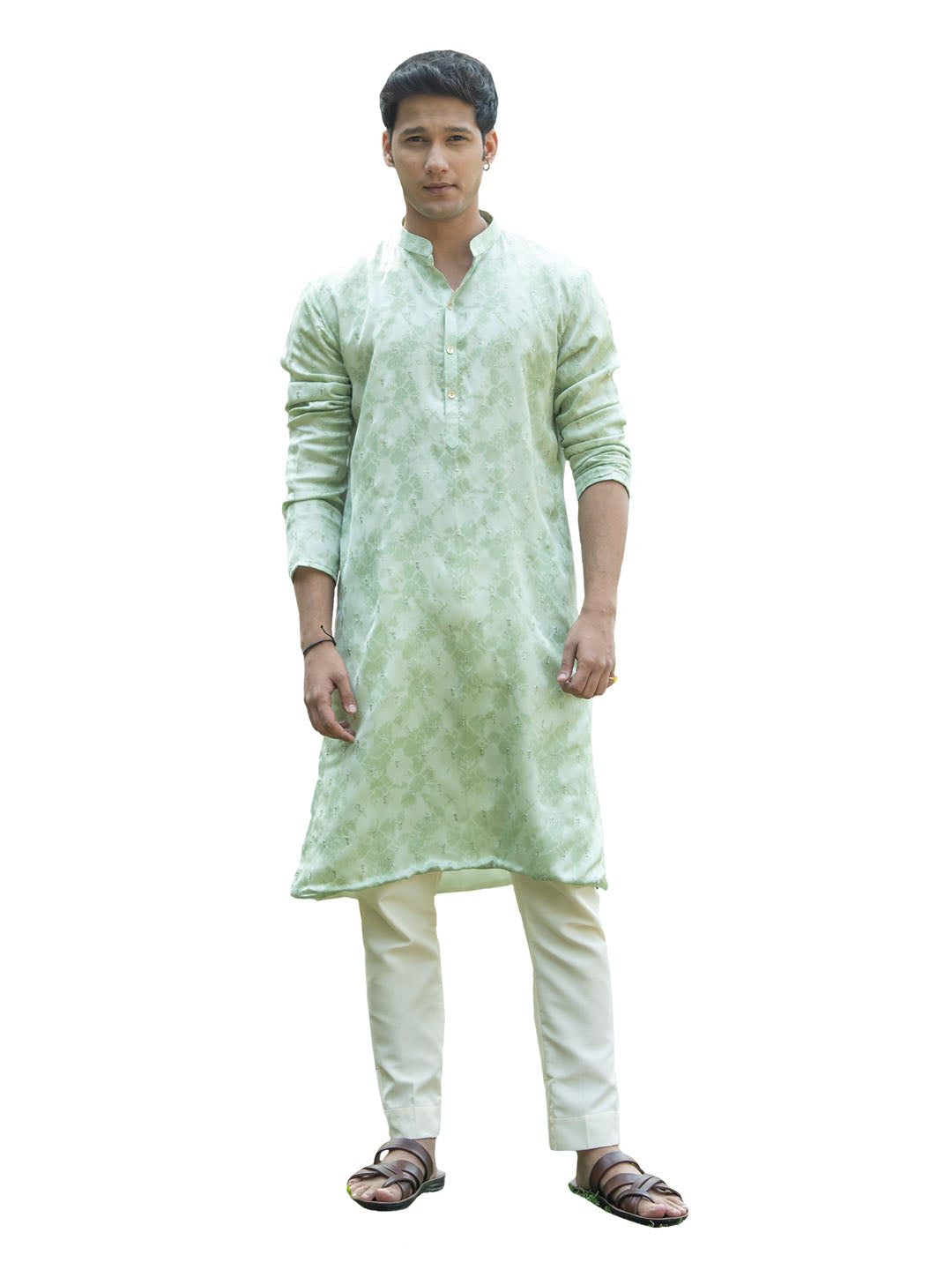 Men's Mint Green And Cream Silk Blend Kurta Pyjama Set