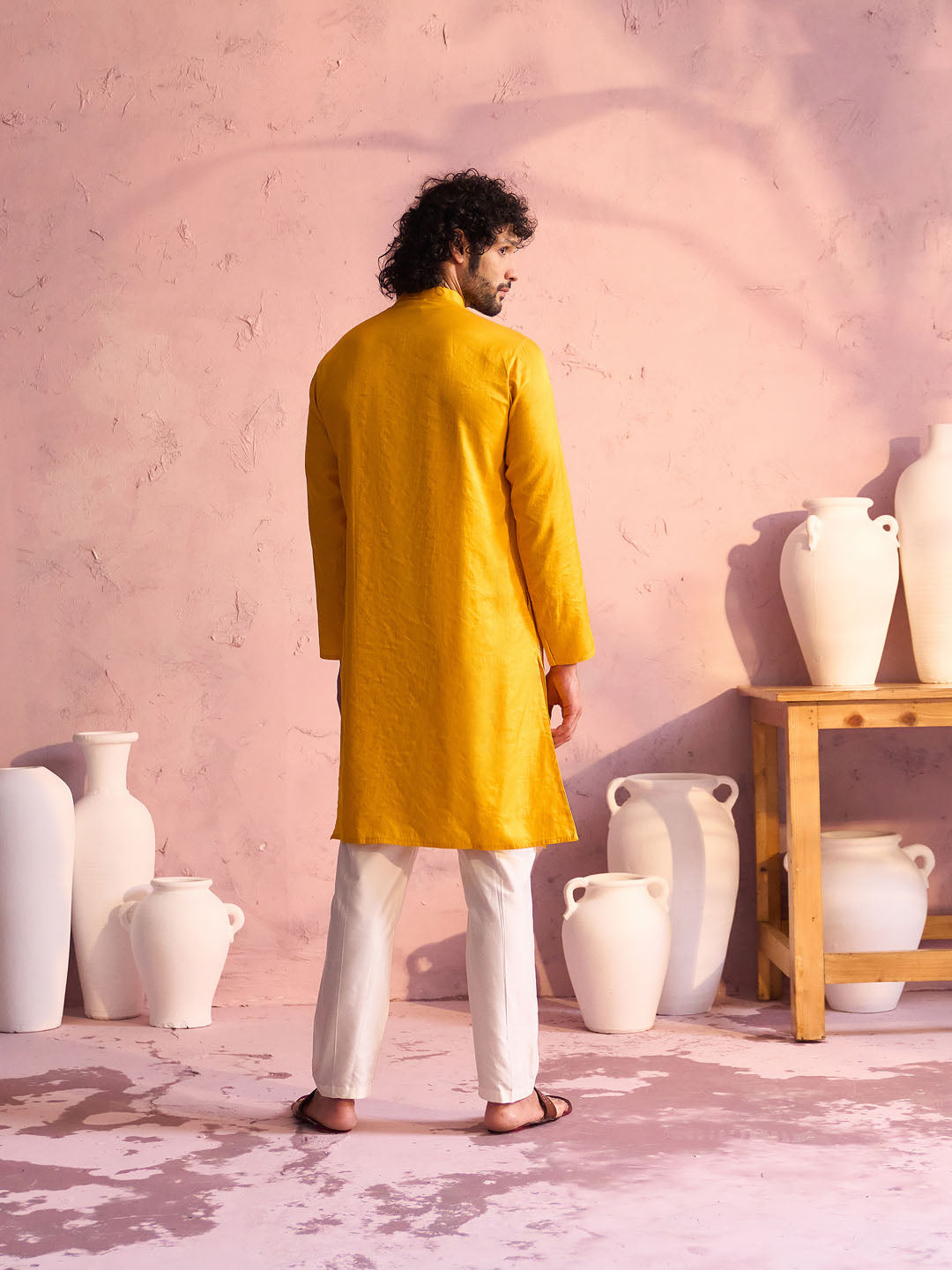 Men's Yellow And Cream Moonga Silk Kurta Pyjama Set