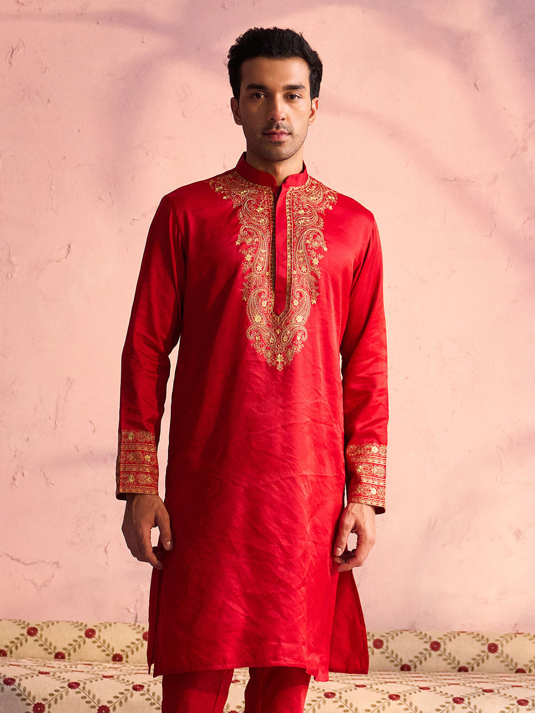 Men's Red And Cream Moonga Silk Kurta