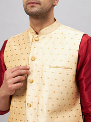 Men's Maroon And Gold Silk Blend Jacket, Kurta and Pyjama Set