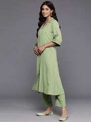 Women Green Shirt Collar Neck A-Line Kurta Paired With Tonal Bottom