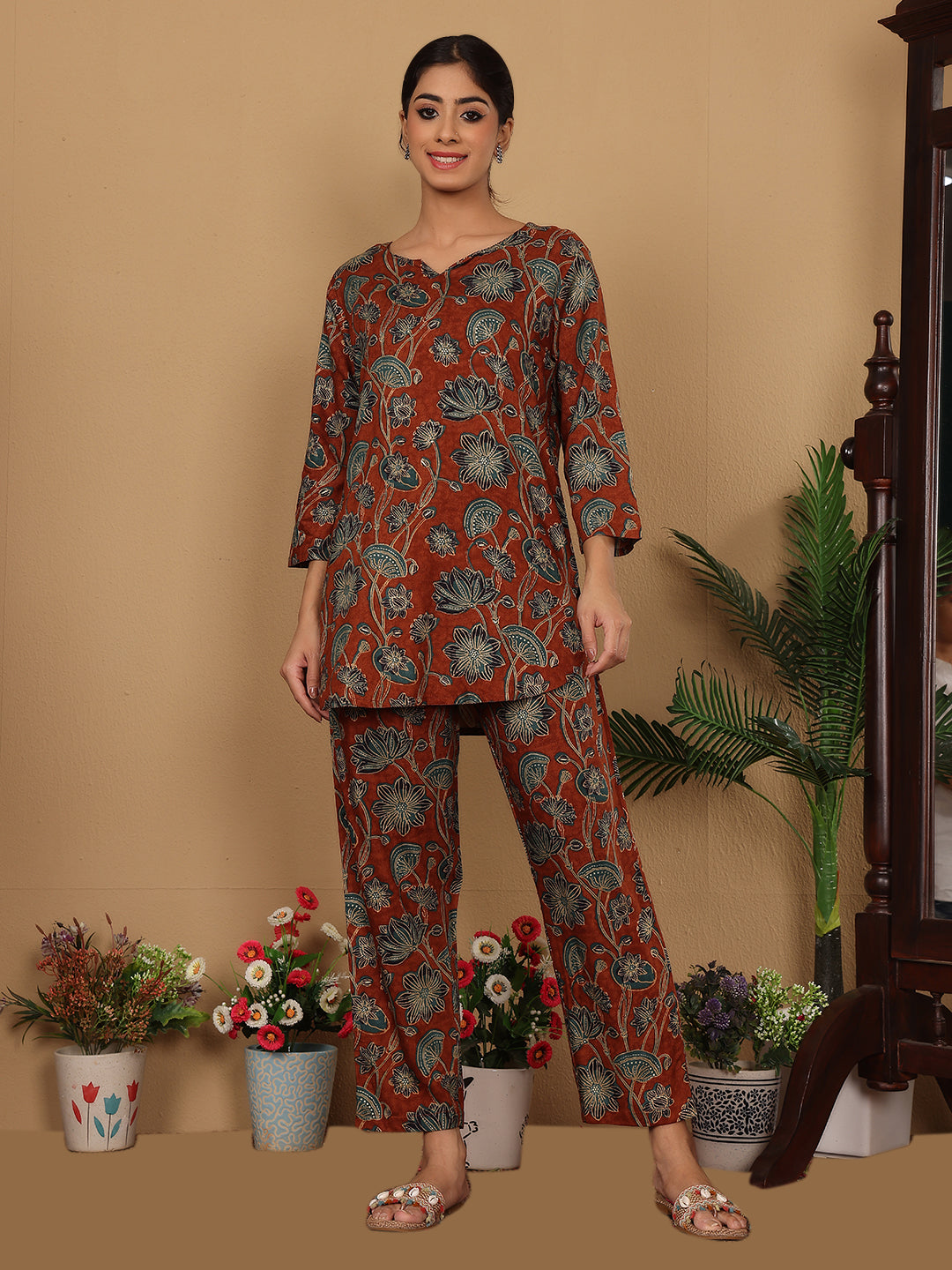 Women Rust  Floral Foil Printed Co-Ord Set