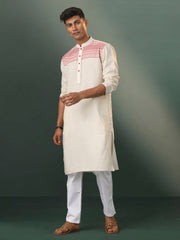 Men's Cream And Red Cotton Kurta Pyjama Set