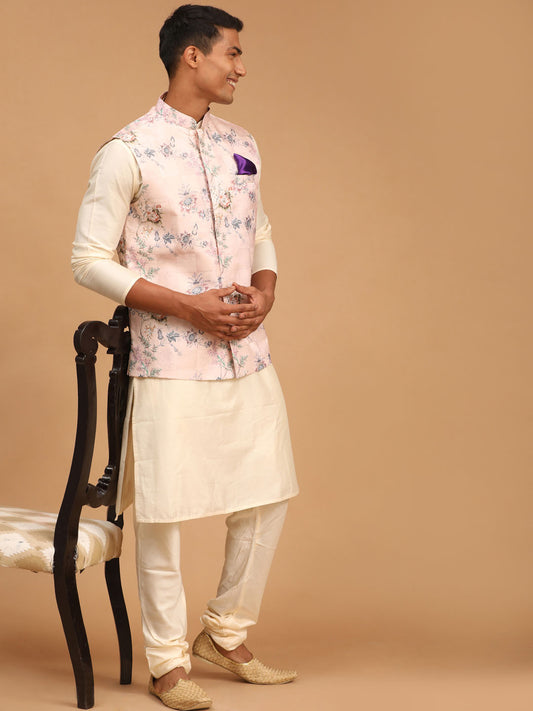 Men's Multicolor-Base-Peach Viscose Jacket, Kurta and Pyjama Set