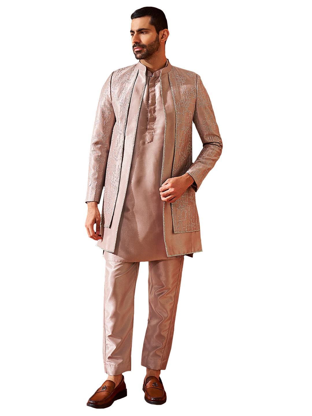 Men's Rose Gold Silk Blend Sherwani Set