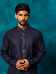 Men's Navy And White Cotton Blend Kurta Pyjama Set