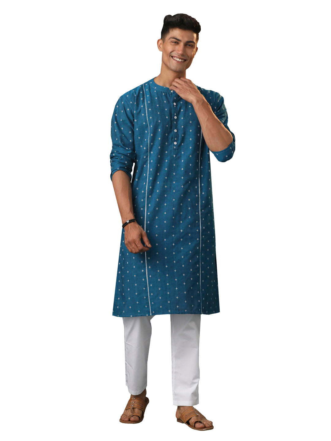 Men's Turquoise And White Cotton Kurta Pyjama Set