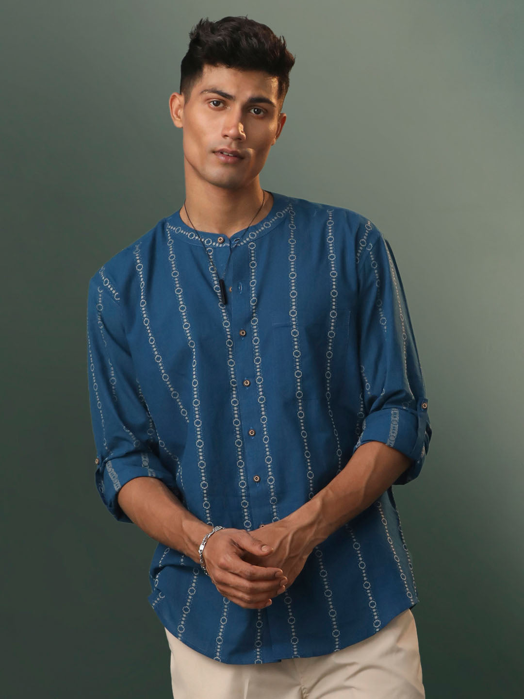 Men's Blue Cotton Ethnic Shirt