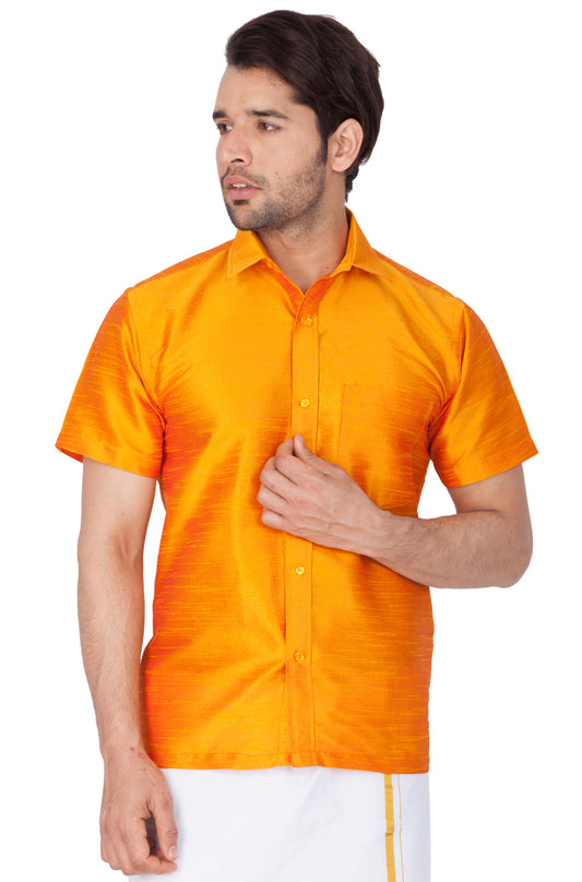 Men's Orange Silk Blend Ethnic Shirt