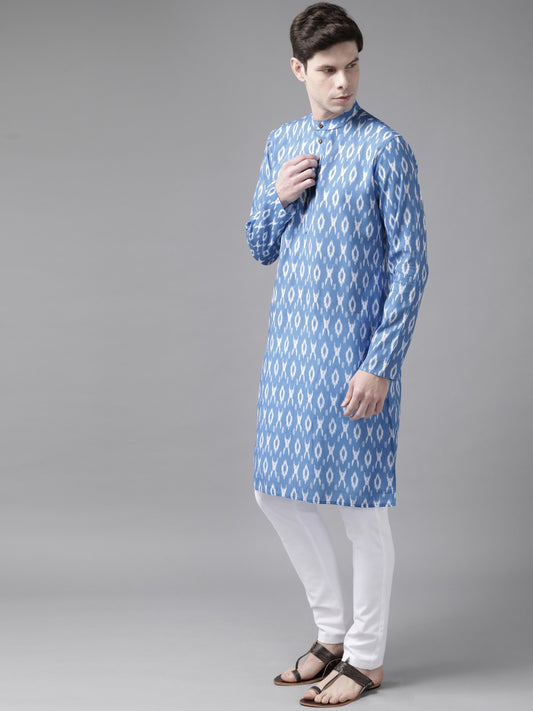 Men's Aqua Blue Cotton Blend Kurta