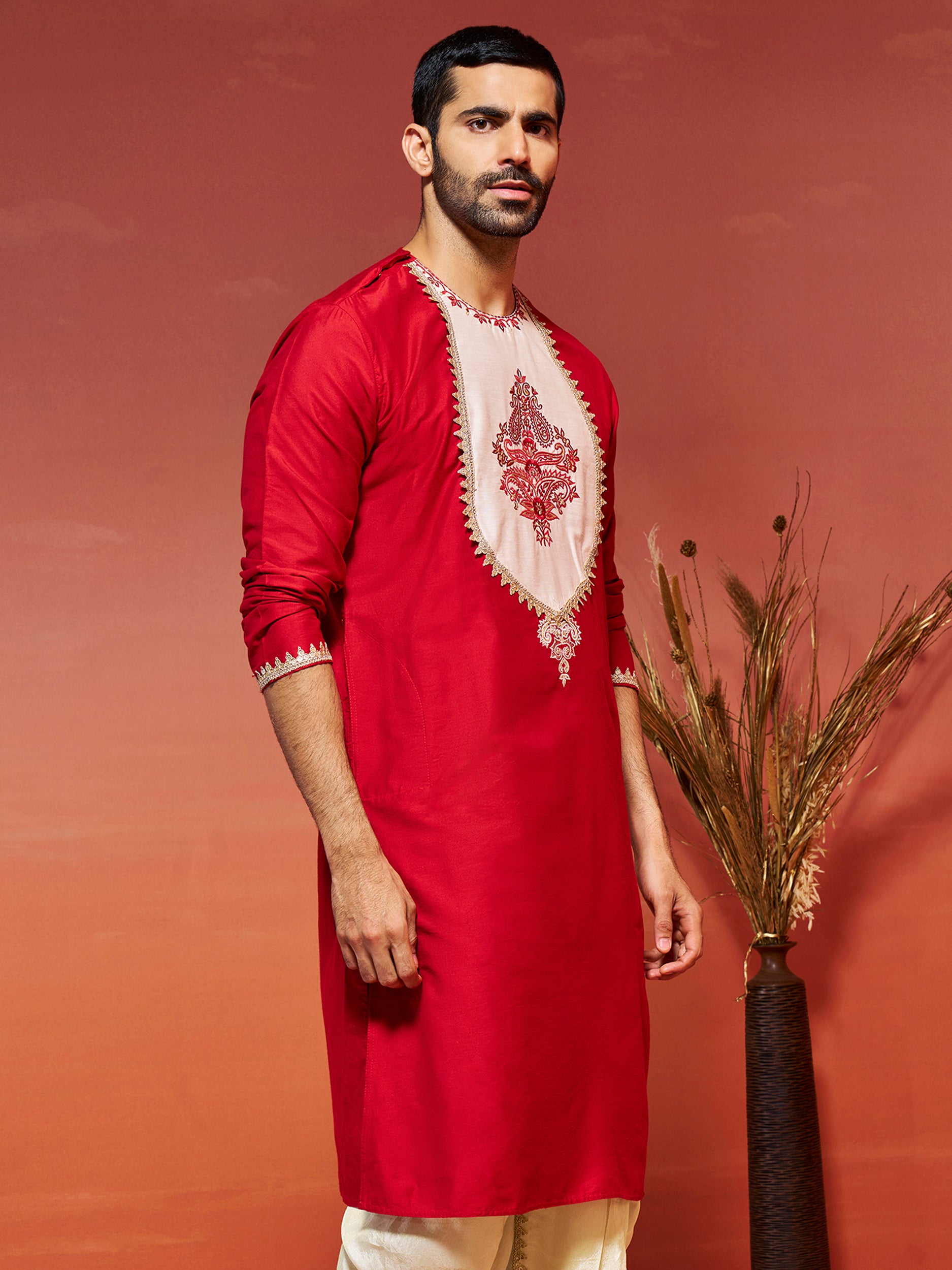 Men's Red Viscose Kurta