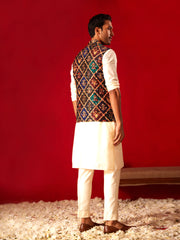 Men's Purple And Cream Viscose Jacket, Kurta and Pyjama Set