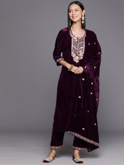 Women Purple Zari Embroidered Kurta Paired With Tonal Bottom And Tonal Dupatta