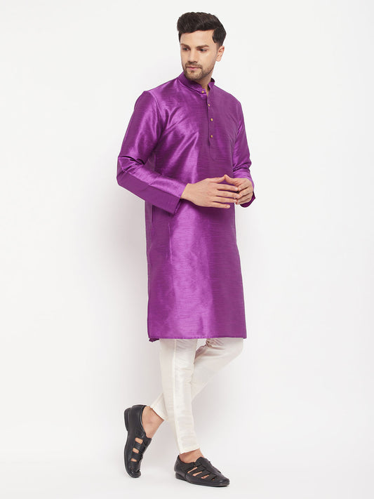 Men's Purple And Cream Silk Blend Kurta Pyjama Set