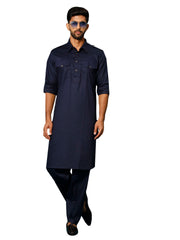 Men's Blue Cotton Blend Pathani Kurta Set