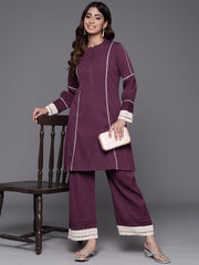 Women Violet Cotton Lace Detailed Co-Ord Set