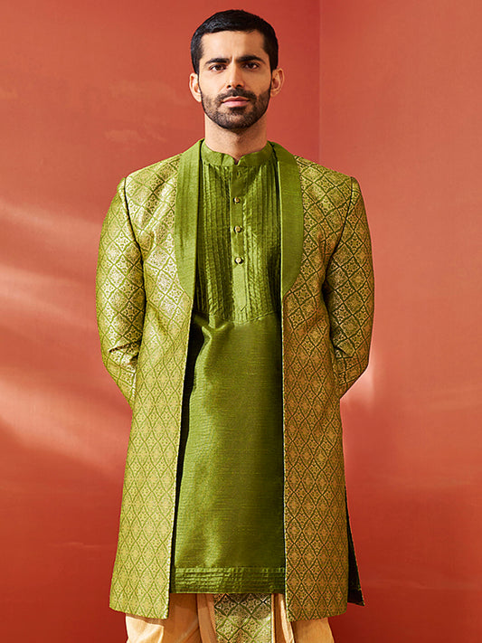 Men's Green Silk Blend Sherwani.