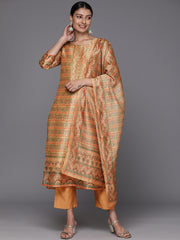 Kalini Women Coral Printed, Straight Kurta Paired With Tonal Bottom And Printed Dupatta.