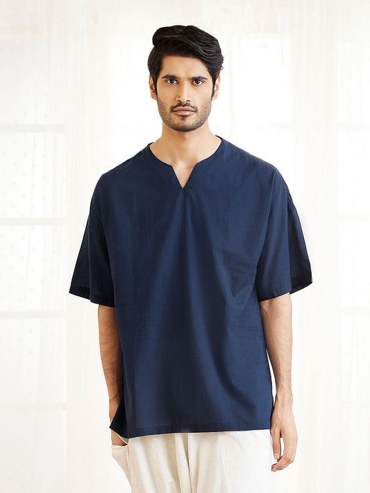 Men's Navy Blue Cotton Short Kurta