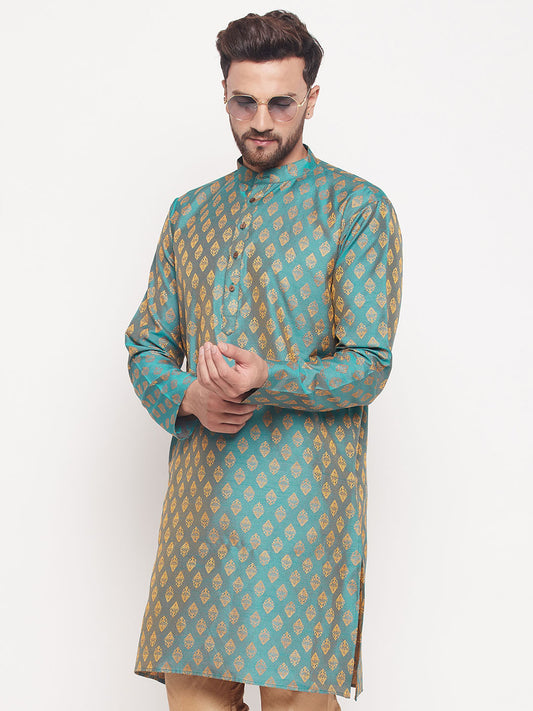 Men Turquoise Silk Blend Kurta