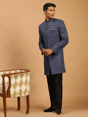 Men's Navy Blue And Black Silk Blend Sherwani Set