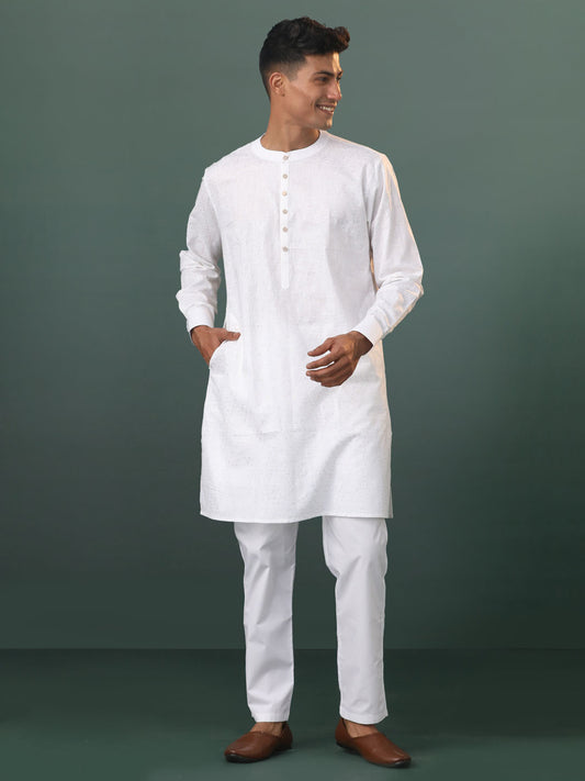 Men's White Cotton Kurta Pyjama Set