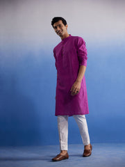 Men's Purple And White Pure Cotton Kurta Pyjama Set