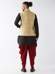 Men's Black, Rose Gold And Maroon Silk Blend Jacket, Kurta and Dhoti Set