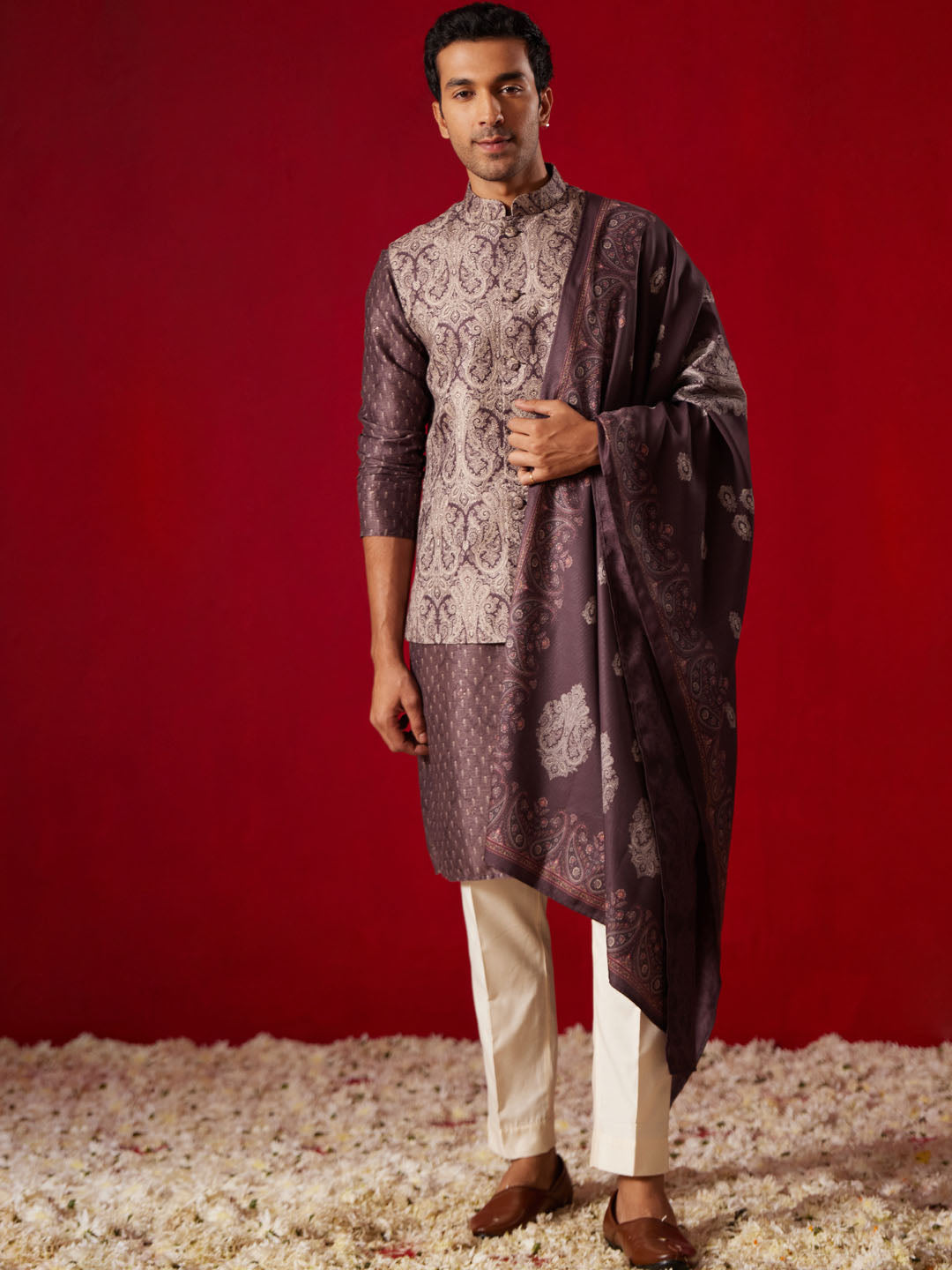 Men's Wine Cotton Silk Jacket, Kurta, Pyjama and Dupatta Set