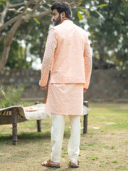 Men's Peach And Cream Cotton Jacket, Kurta and Pyjama Set