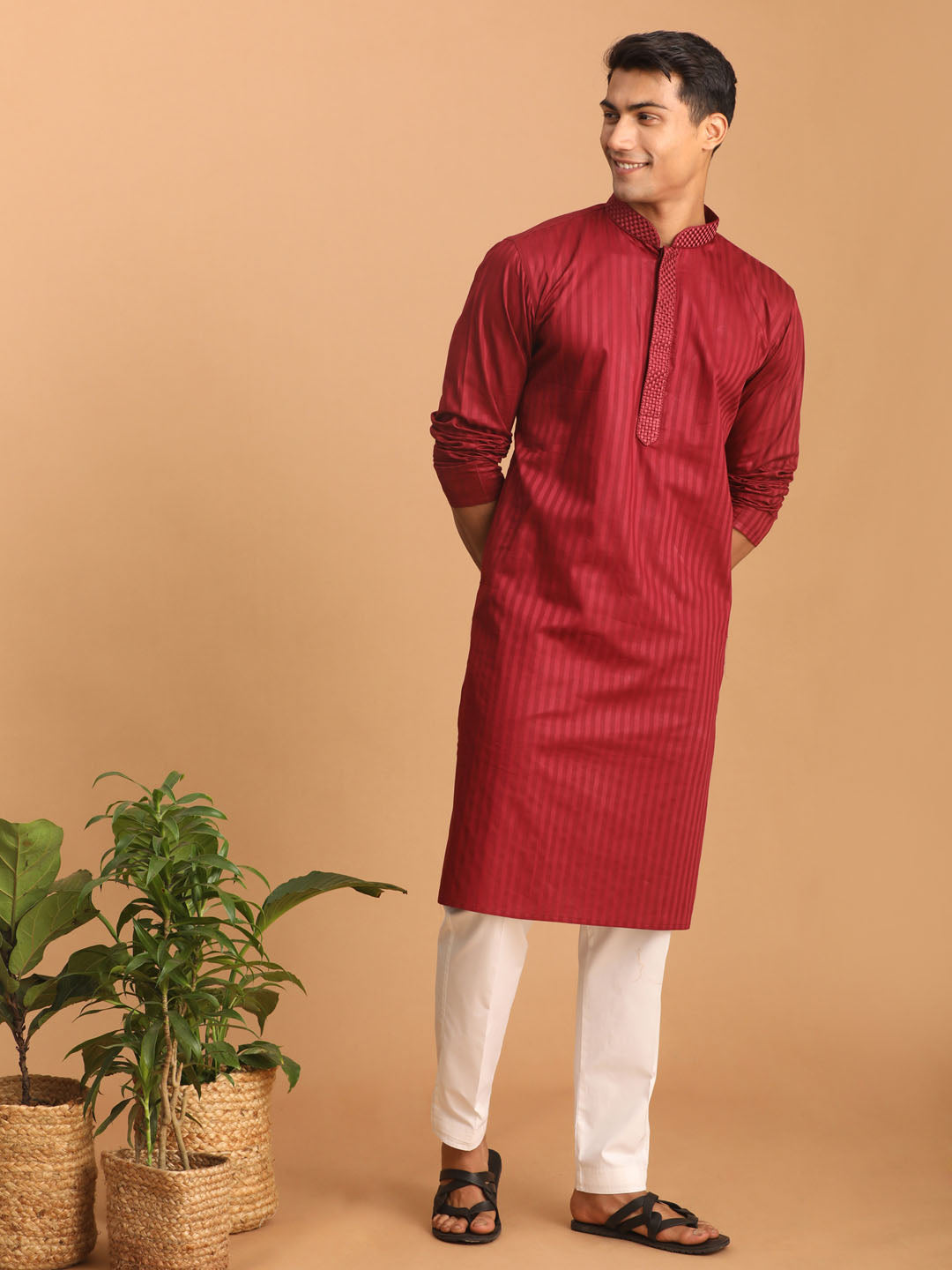 Men's Maroon Cotton Blend Kurta