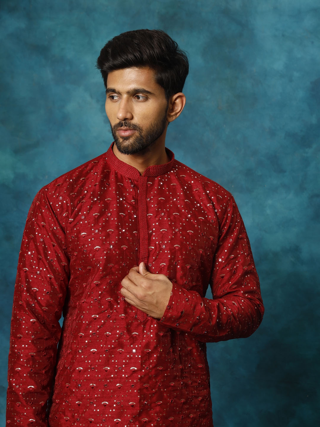 Men's Maroon Silk Blend Kurta