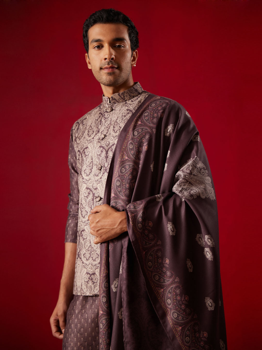 Men's Wine Cotton Silk Jacket, Kurta, Pyjama and Dupatta Set