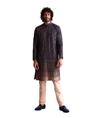 Men's Navy blue And Cream Georgette Kurta Pyjama Set