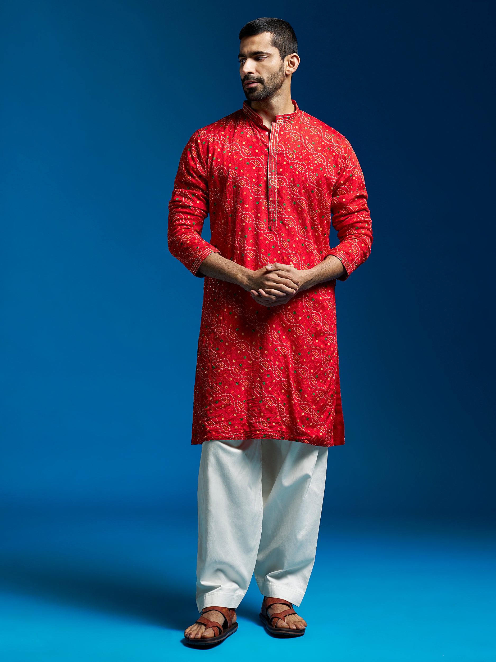 Men's Red And Cream Chinon Kurta And Patiala Set.