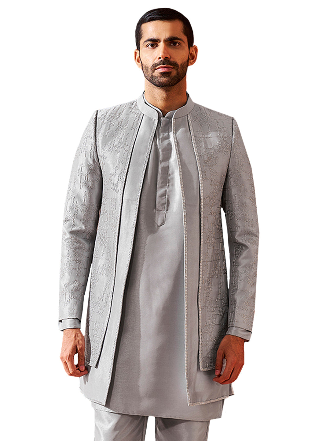 Men's Silver Silk Blend Sherwani Only Top