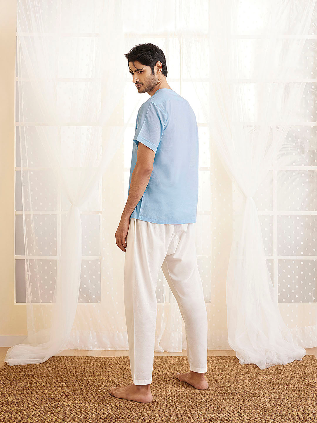 Men's Aqua And White Cotton Kurta Pyjama Set