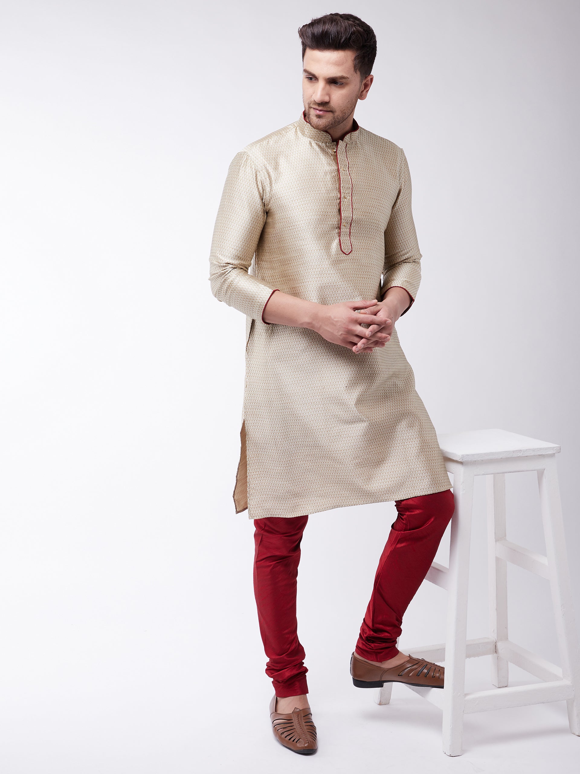 Men's Beige Silk Blend Kurta