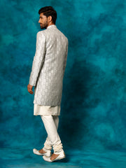 Men's Grey And Cream Viscose Sherwani Set