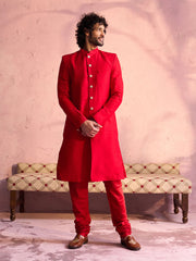 Men's Red Moonga silk Sherwani Set