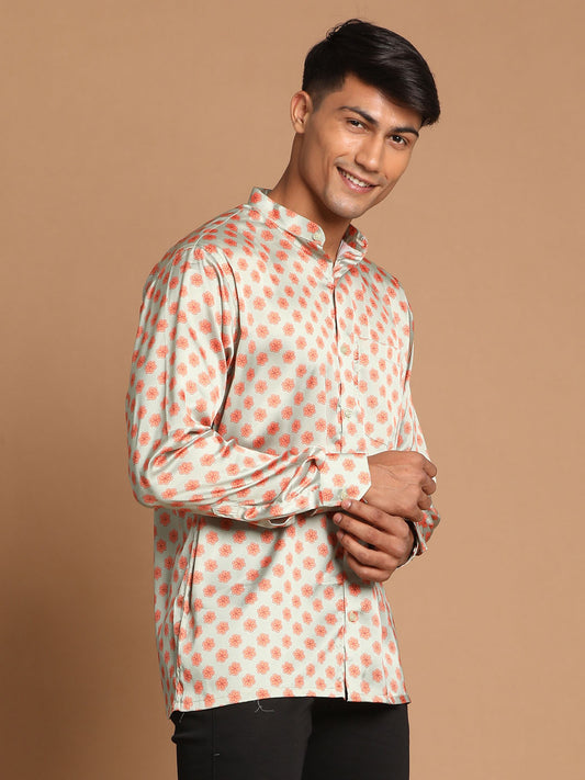 Men's Multicolored-Base-Mint Satin Ethnic Shirt