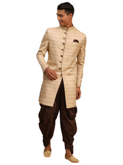 Men's Beige And Brown Silk Blend Sherwani Set