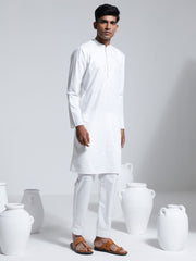 Men's White Cotton Silk Kurta And Pyjama Set