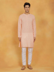 Men's Peach And White Cotton Kurta and Pyjama Set