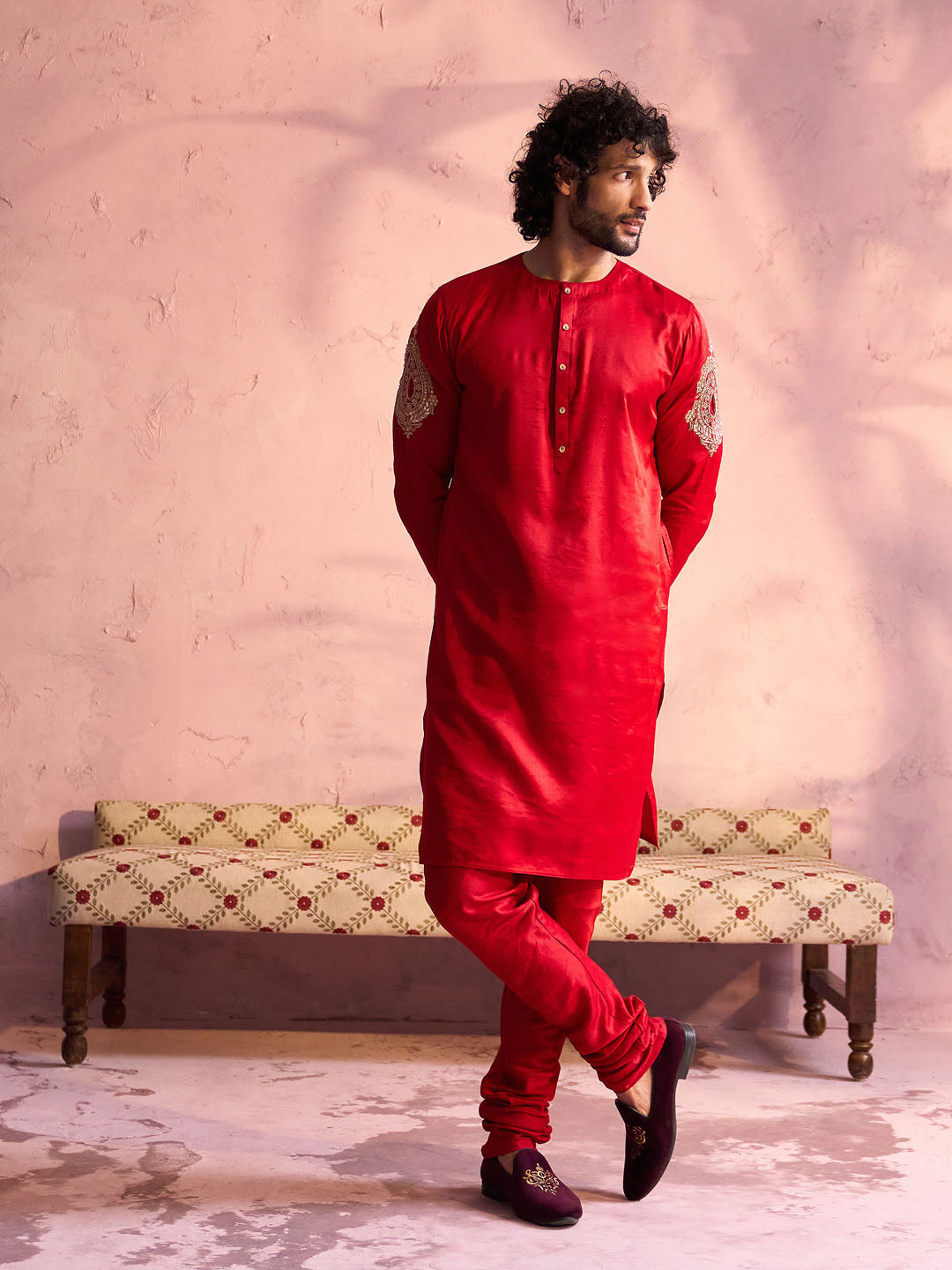 Men's Red Moonga Silk Kurta